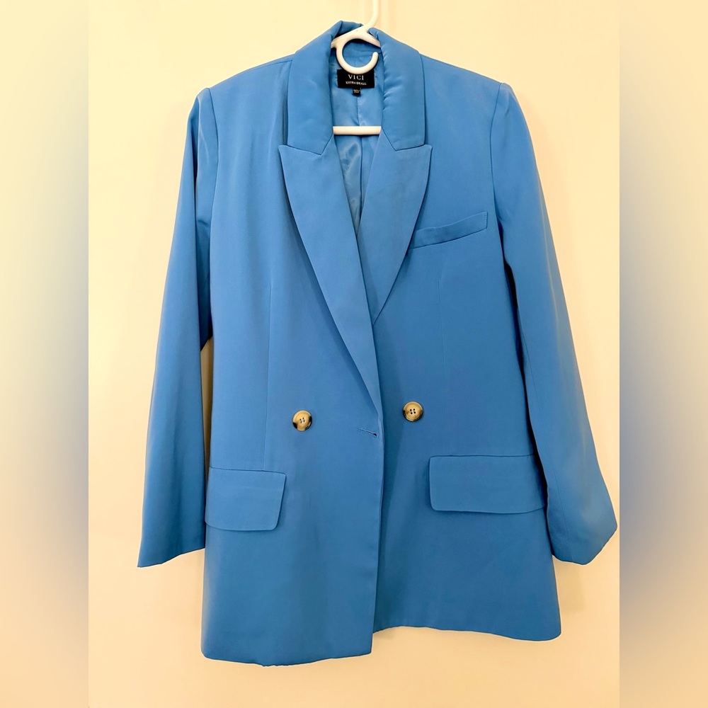 Vici Sky Oversized Blue Double-Breasted Blazer with Buttons